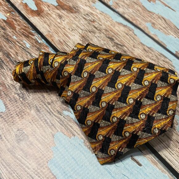 Ermenegildo Zegna 100% Silk Neck Tie Gold Copper Black Print Made In Italy - Picture 10 of 10